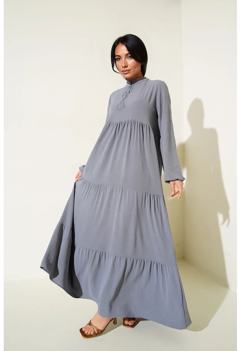 Rochie maxi HiCCUP BDART - poliester - croiala lejera - maneci lungi - gri