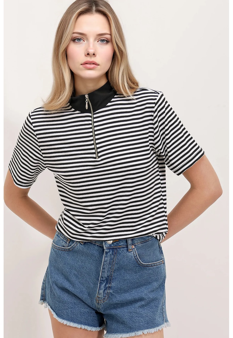 Tricou dama - cu guler cu fermoar - dungi - negru - viscoza/ lycra