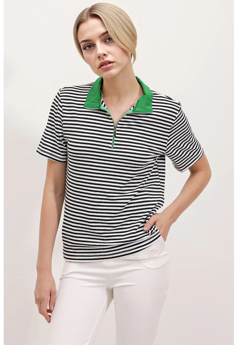 Tricouri dama - Tricou cu guler cu fermoar - dungi - verde - viscoza/ lycra -