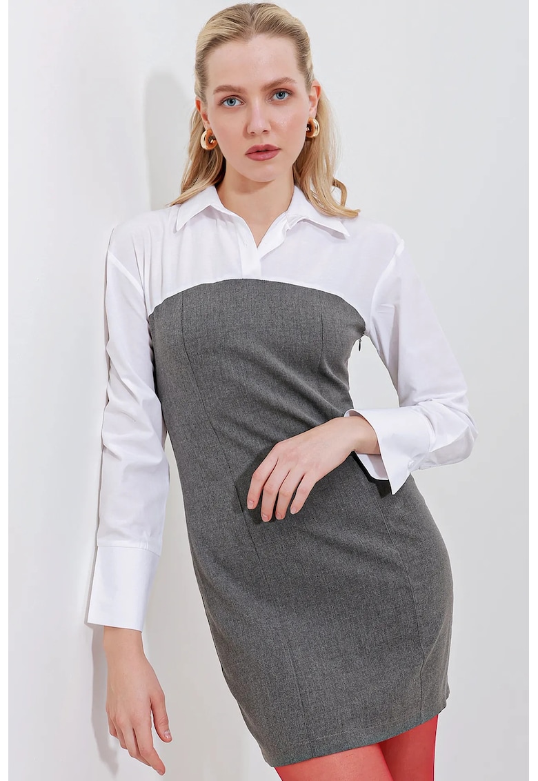 Rochie mini  color block cu guler camasa si funda - gri - bumbac si poliester