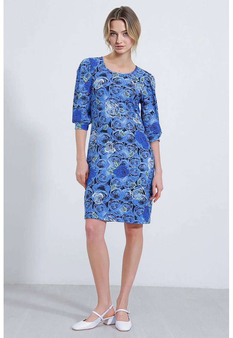 Rochie midi  cu broderie florala - maneci trei sferturi - albastru - poliester