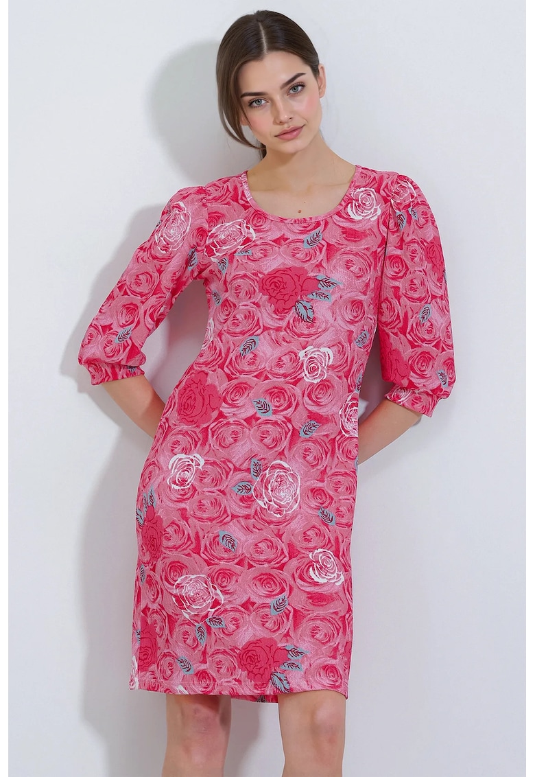 Rochie midi  cu broderie florala - maneci trei sferturi - roz - jerseu/lycra