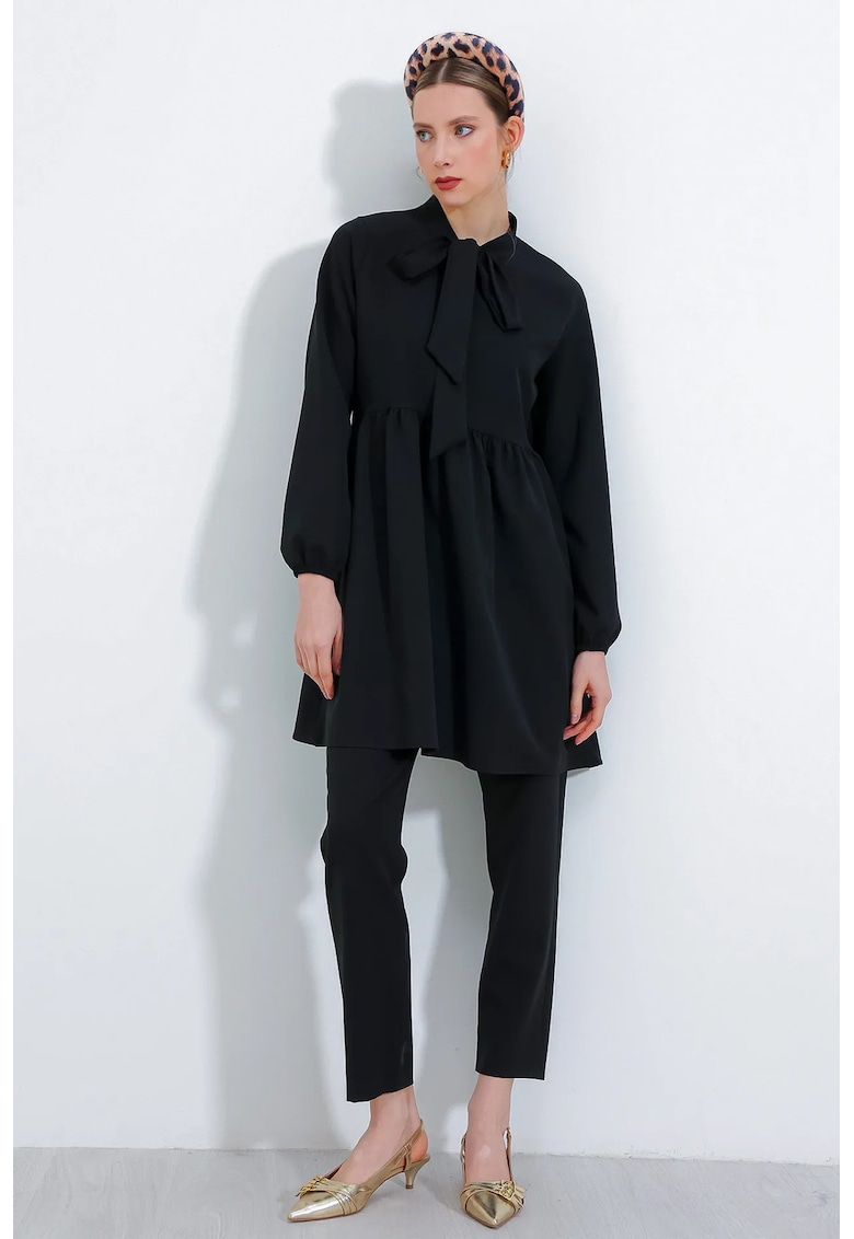 Set doua piese -  tunica lunga si pantaloni - guler clasic - negru - poliester