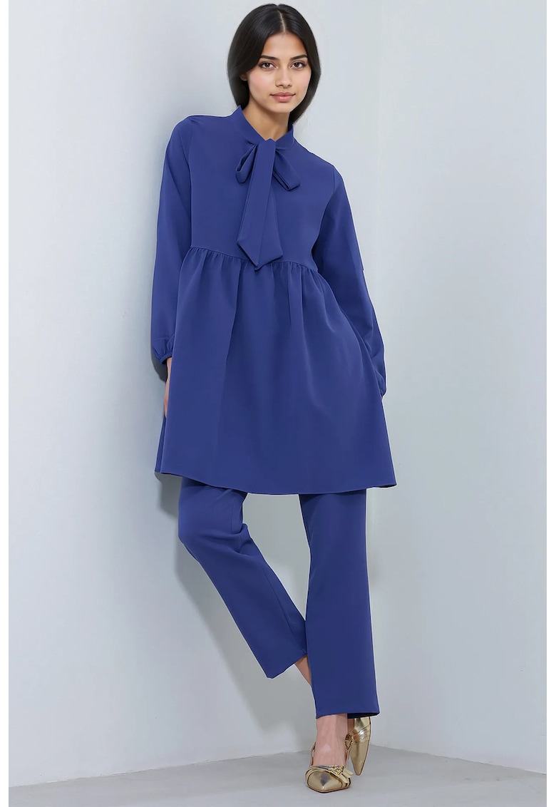 Set doua piese -  tunica lunga si pantaloni - albastru - poliester