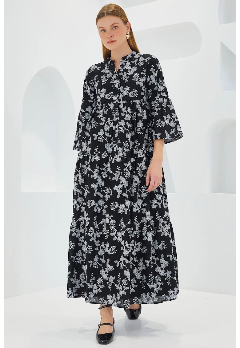 Rochie maxi - decolteu in V - maneci trei sferturi - neagra - bumbac - Negru -