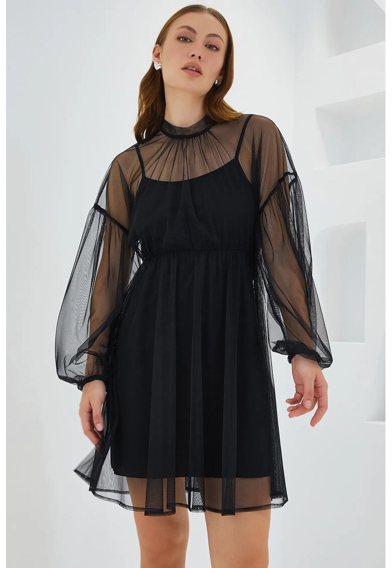 Rochie mini - HiCCUP - din tul - guler rotund - neagra - poliester