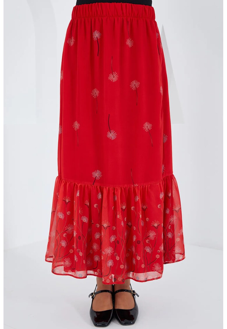 Fusta maxi - imprimeu floral - rosu - poliester