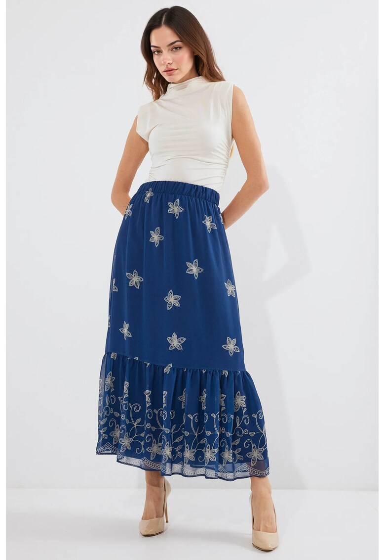 Fusta maxi - imprimeu floral - albastru - poliester