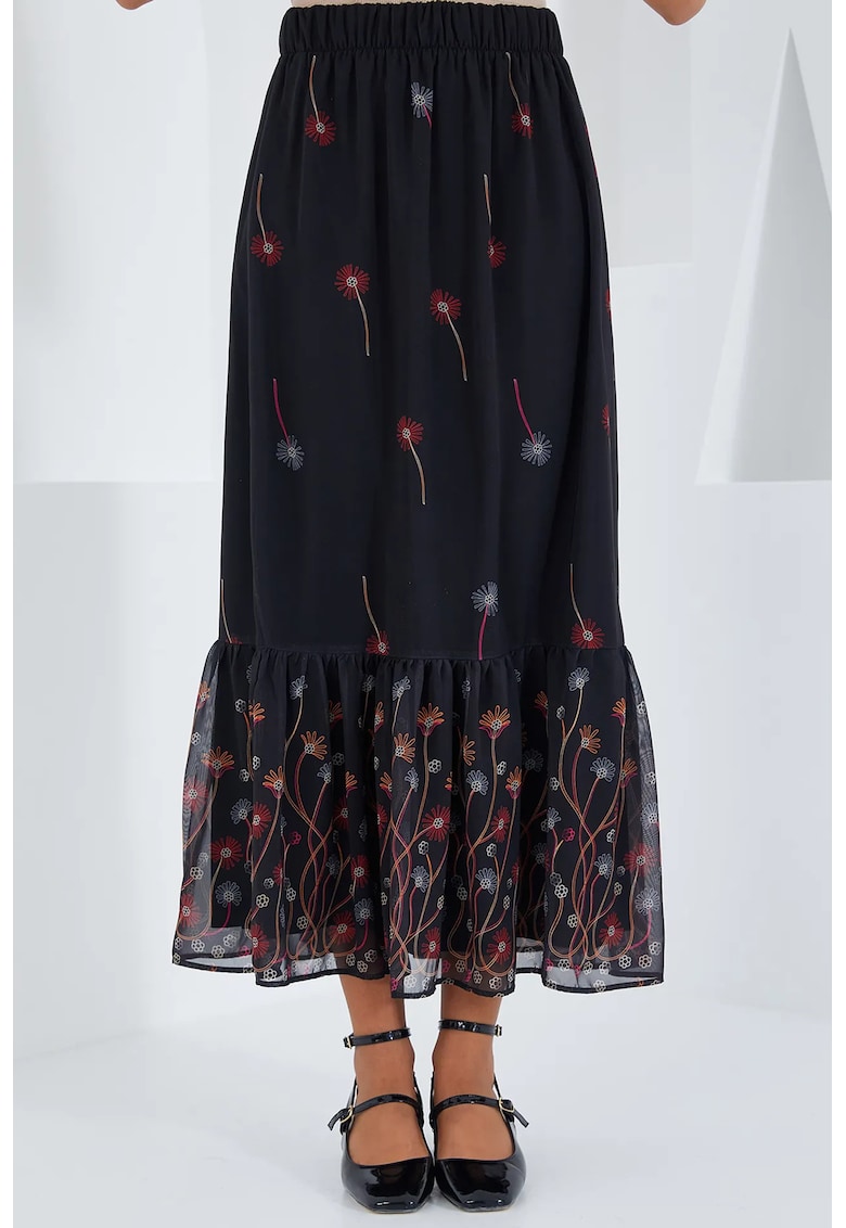 Fusta maxi - imprimeu floral - negru - poliester