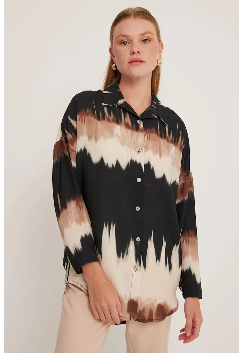 Camasa dama -  supradimensionata cu maneca lunga - maro - poliester