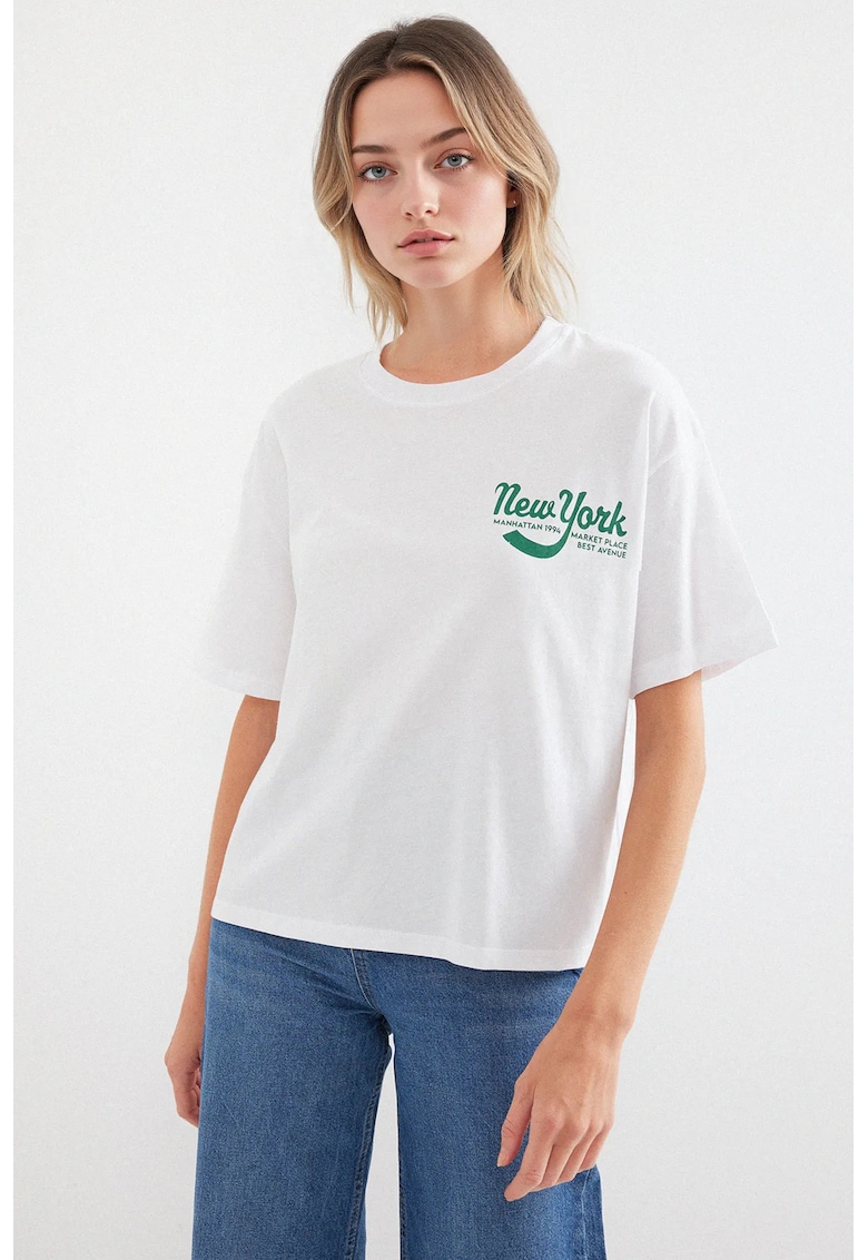 Tricou dama -  tricou cu guler rotund - imprimeu lejer - alb - bumbac -