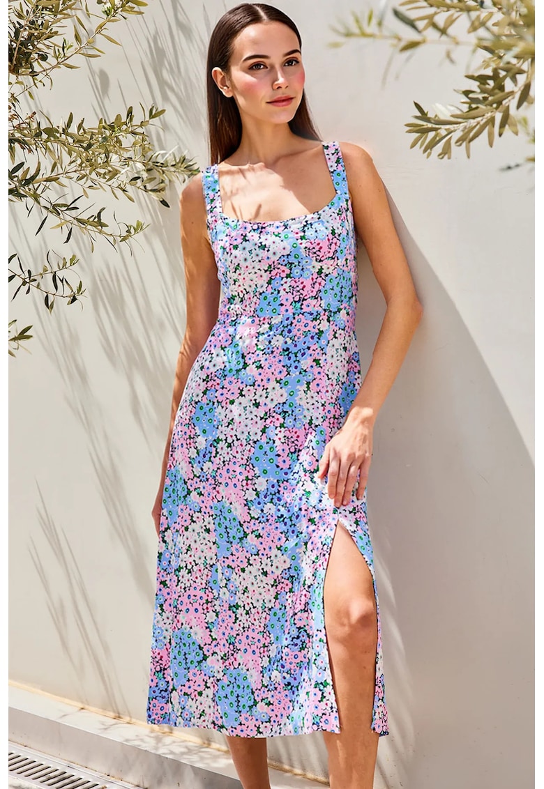 Rochie midi HiCCUP - guler patrat - crapatura eleganta - albastra - viscoza