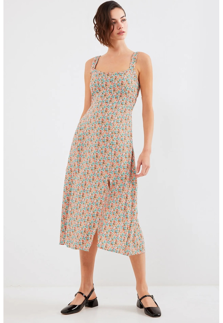 Rochie midi  mulata - cu guler patrat - crapatura eleganta - multicolor - viscoza