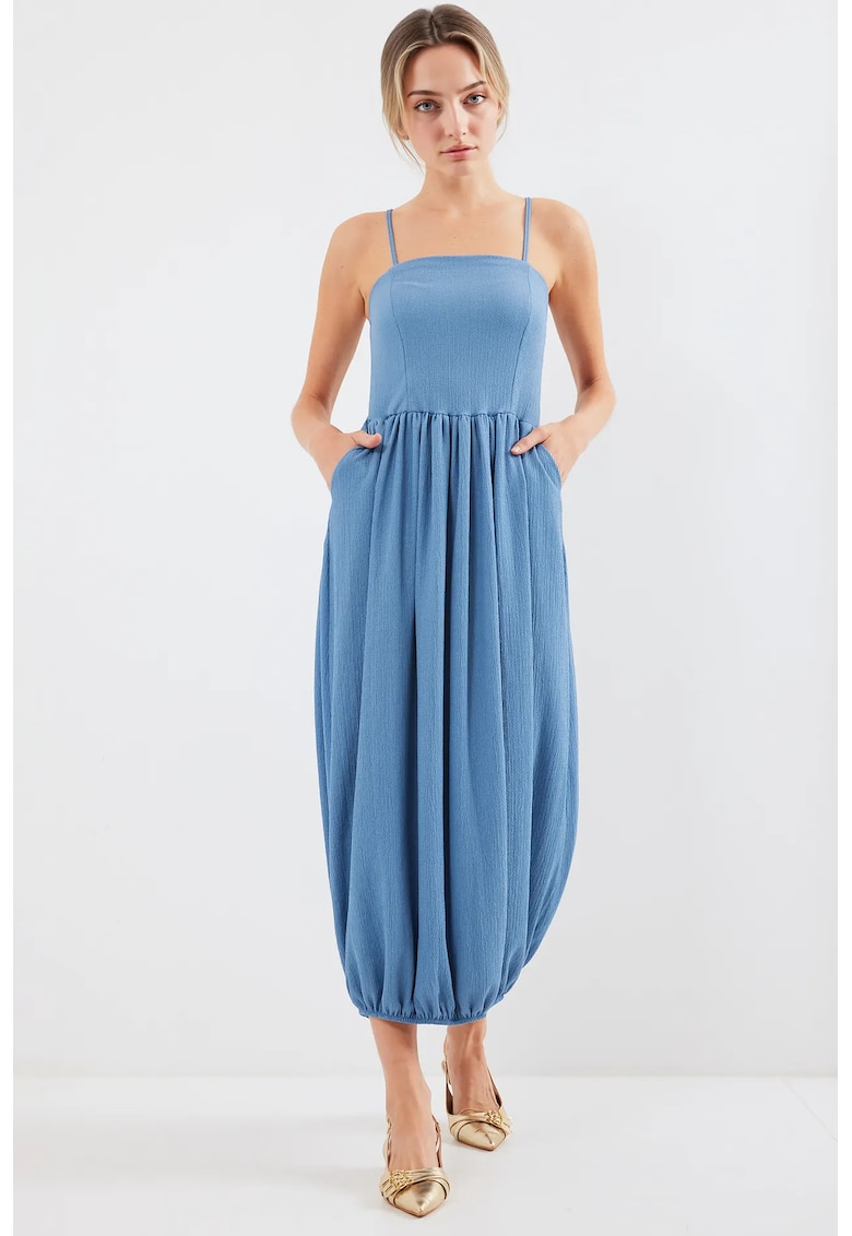 Rochie maxi tricotata guler patrat - texturata - albastra - poliester-lycra