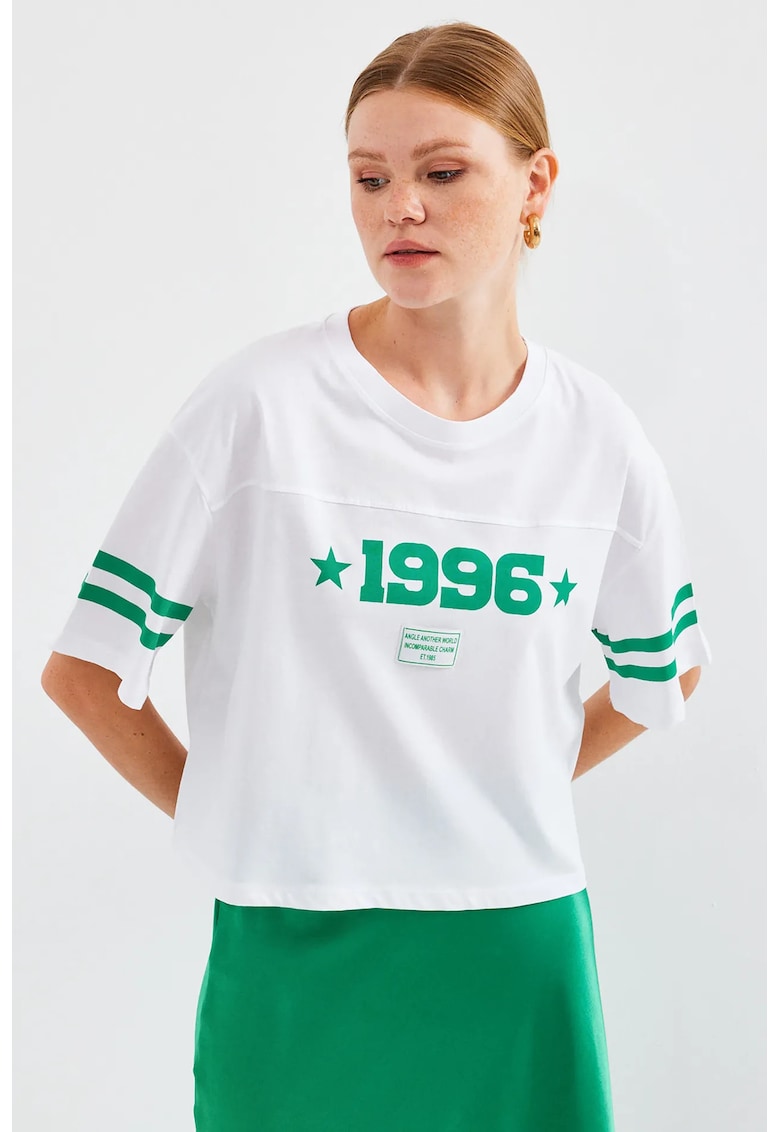 Tricou scurt supradimensionat  imprimeu Motto - alb - bumbac