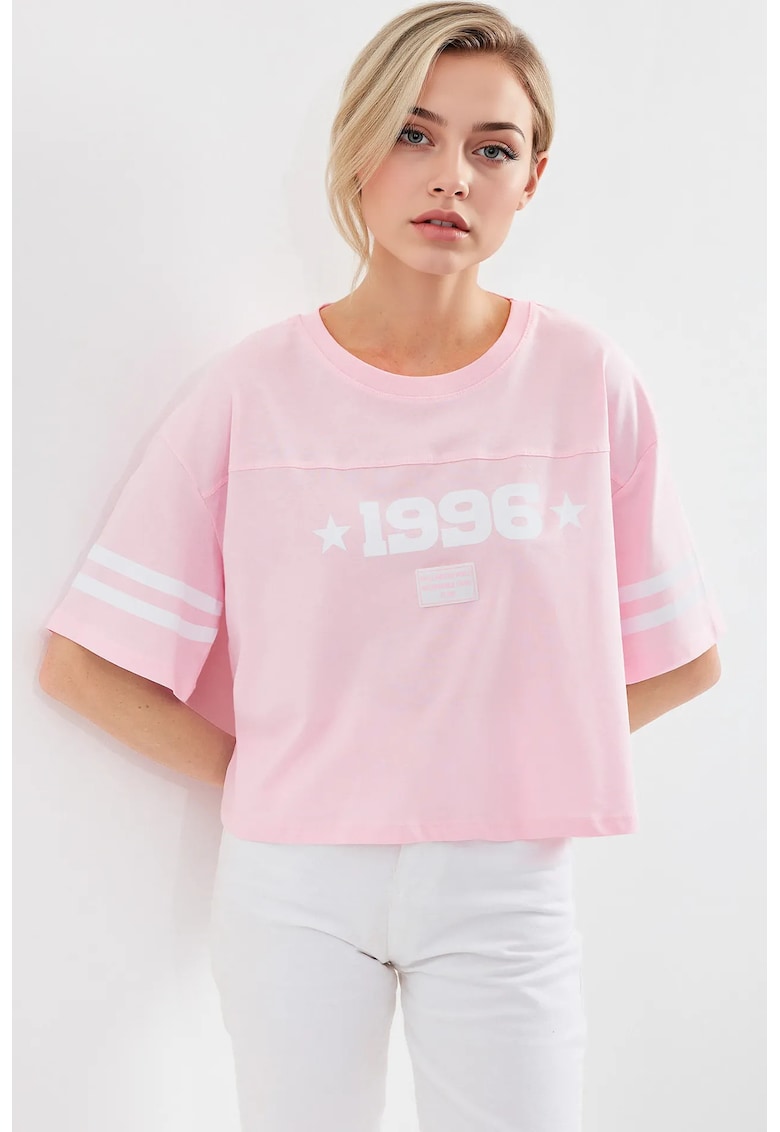 Tricou scurt  supradimensionat - imprimeu Motto - roz - bumbac
