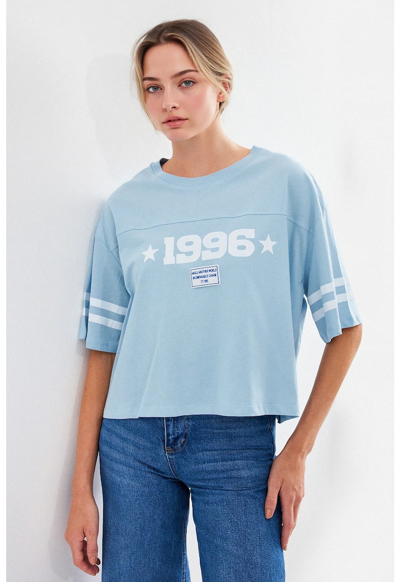 Tricou scurt -  supradimensionat - imprimeu Motto - albastru - bumbac