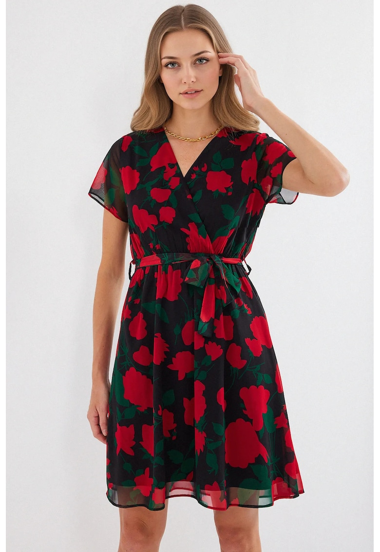 Rochie mini dama imprimeu floral - textil - decolteu in V - multicolor