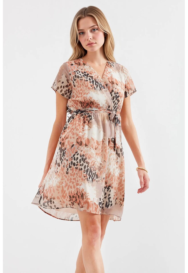 Rochie mini dama - imprimeu floral - decolteu in V - textil - multicolor