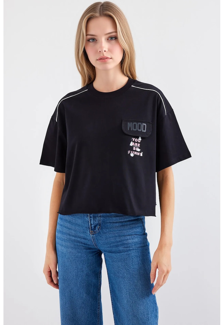 Tricou scurt guler rotund - croiala lejera - buzunar - Negru - Bumbac -