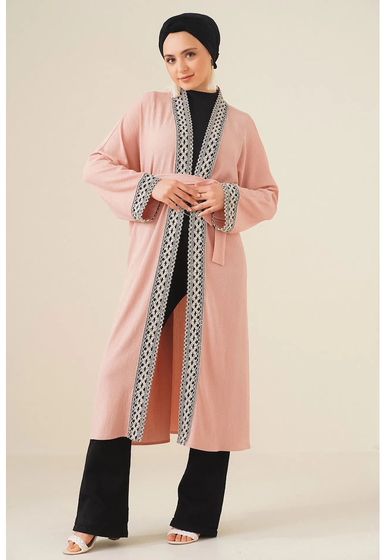 Kimono brodat pentru plaja - lung - Roz pudrat -
