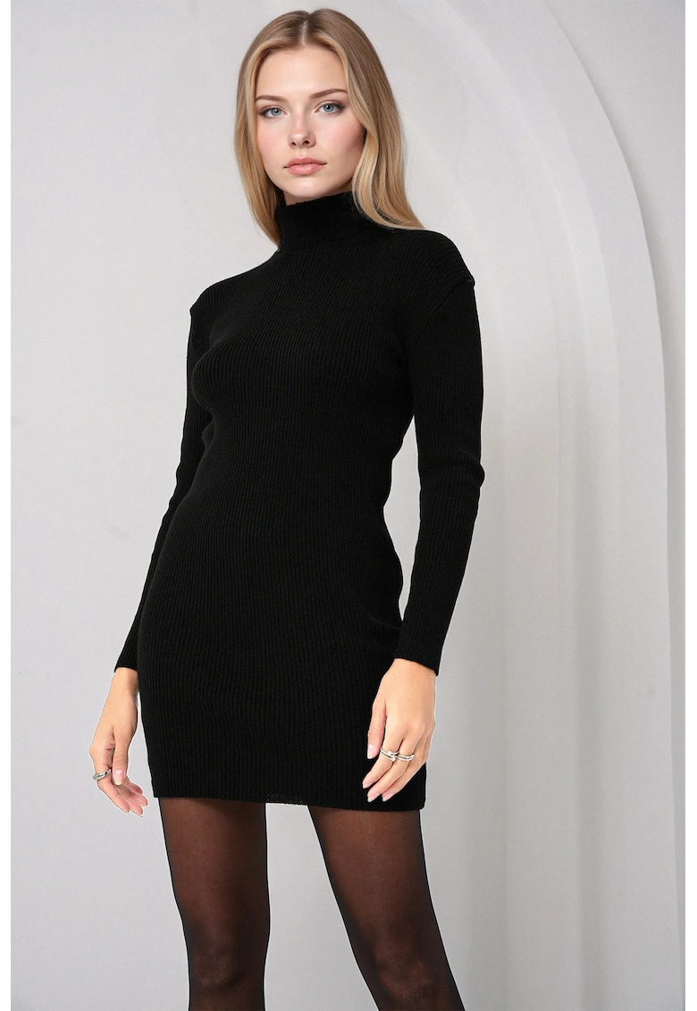 Rochie mini tricotata -  guler inalt - design texturat - negru - tricot -