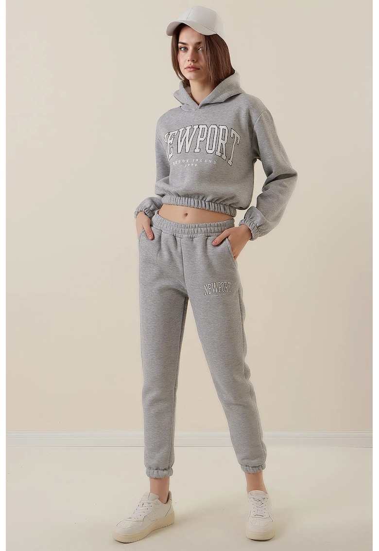 Set de doua piese - hanorac scurt cu gluga si trening cu talie inalta elastic -  gri - bumbac si lycra