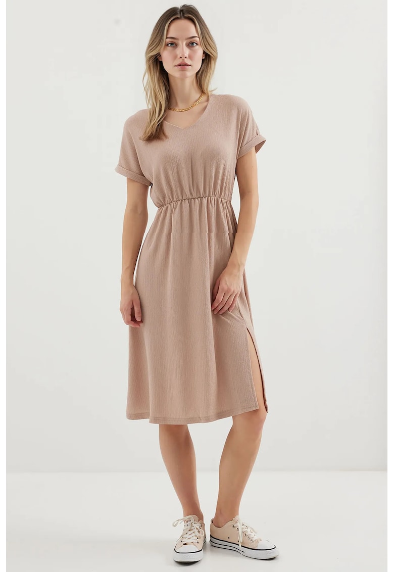 Rochie midi tricotata  texturata - decolteu in V - crapatura - bej - poliester -