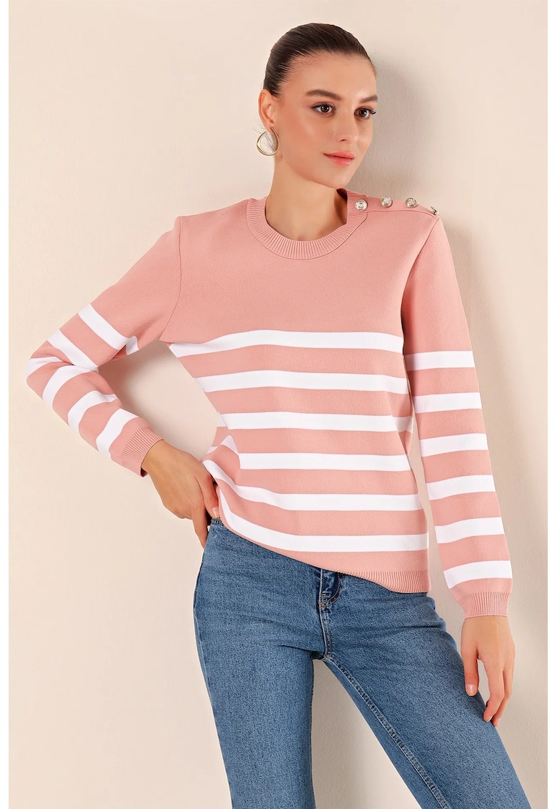 Pulover dama -  cu guler rotund - dungi - roz - tricot -