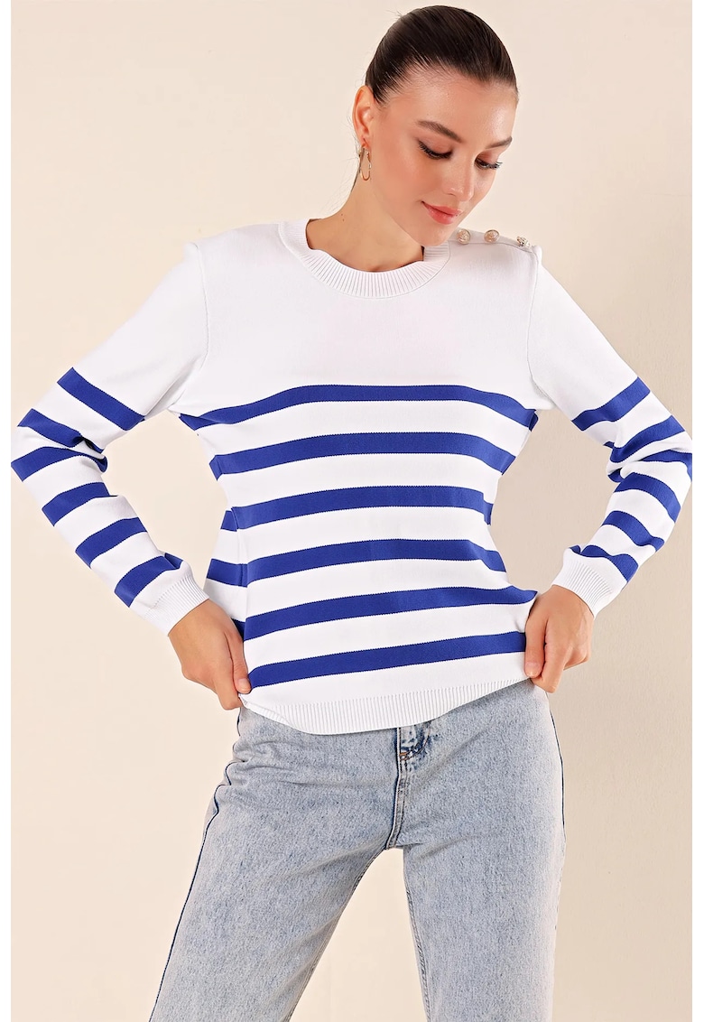 Pulover dama - cu guler rotund - dungi - albastru - tricot -