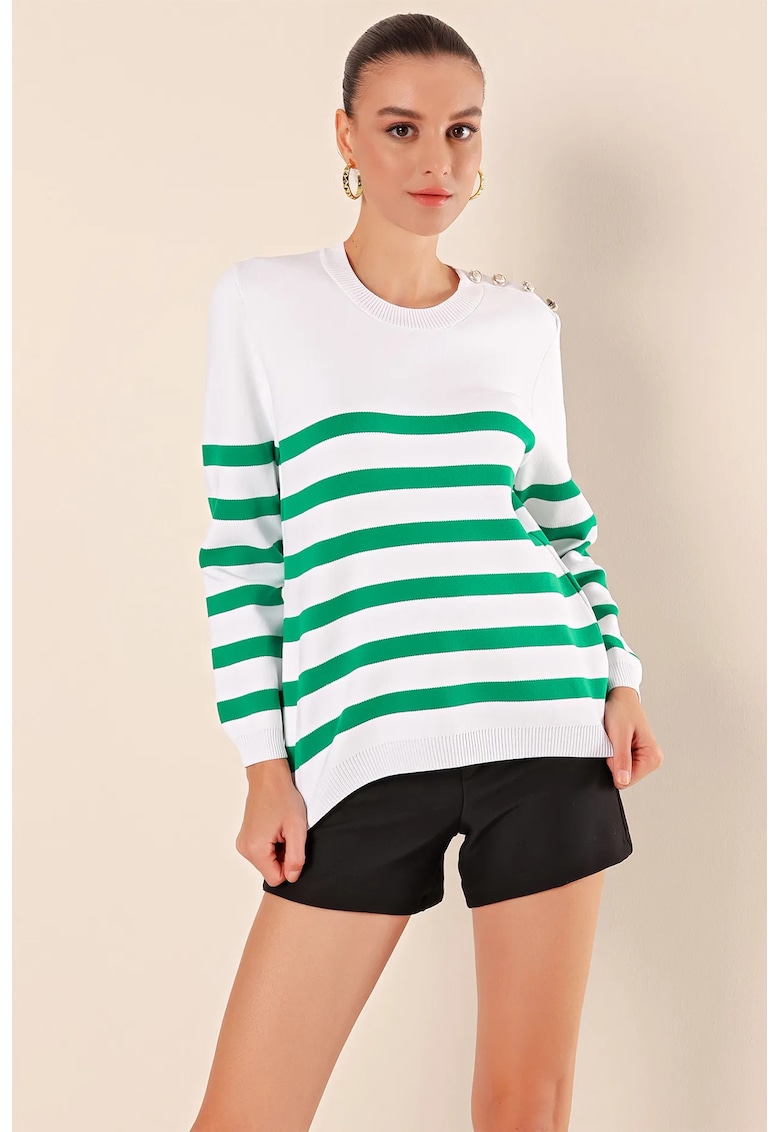 Pulover dama -  cu guler rotund - dungi - verde - acrilic -