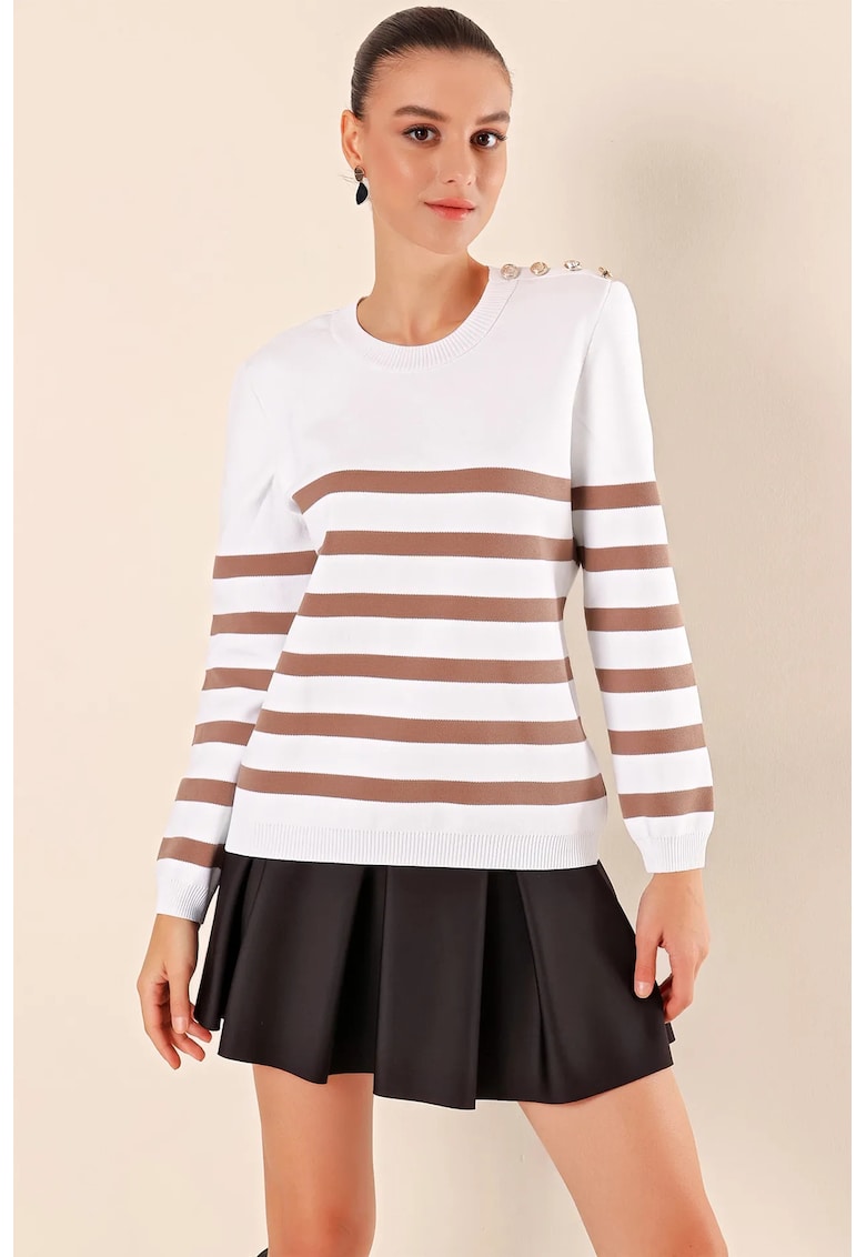 Pulover dama - cu guler rotund - dungi - maro - acrilic -