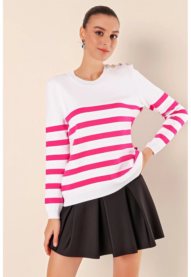 Pulover dama - cu guler rotund - dungi - fucsia - tricot -