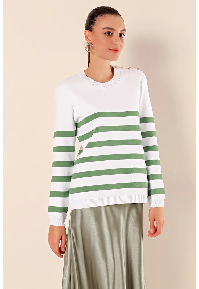 Pulover dama -  cu guler rotund - dungi - verde - tricot -