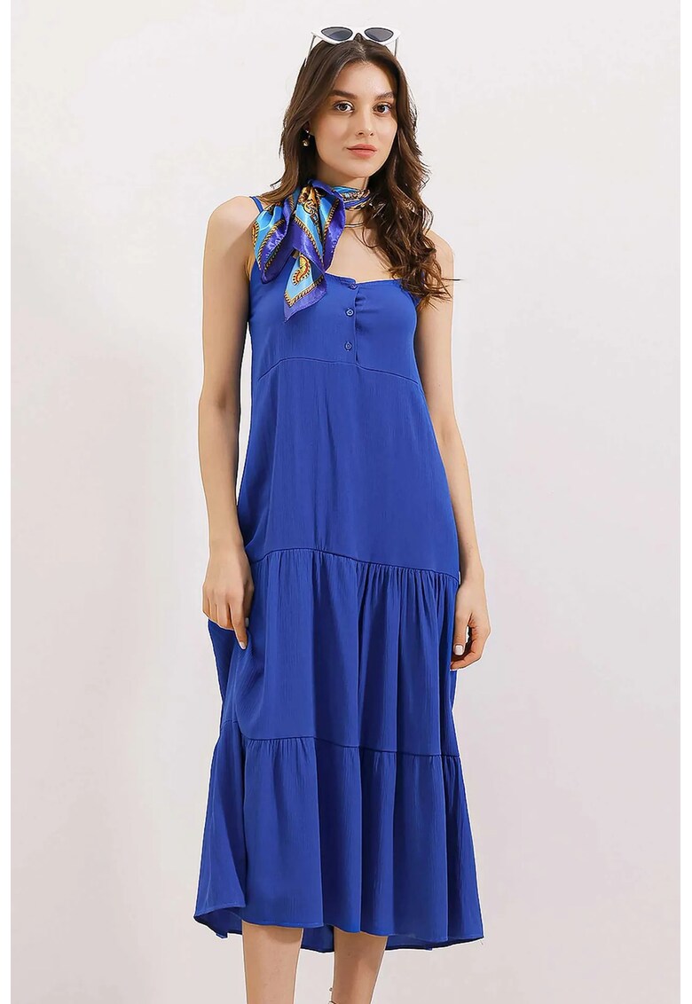 Rochie midi dama - HiCCUP - lejera - decolteu patrat - poliester - albastru