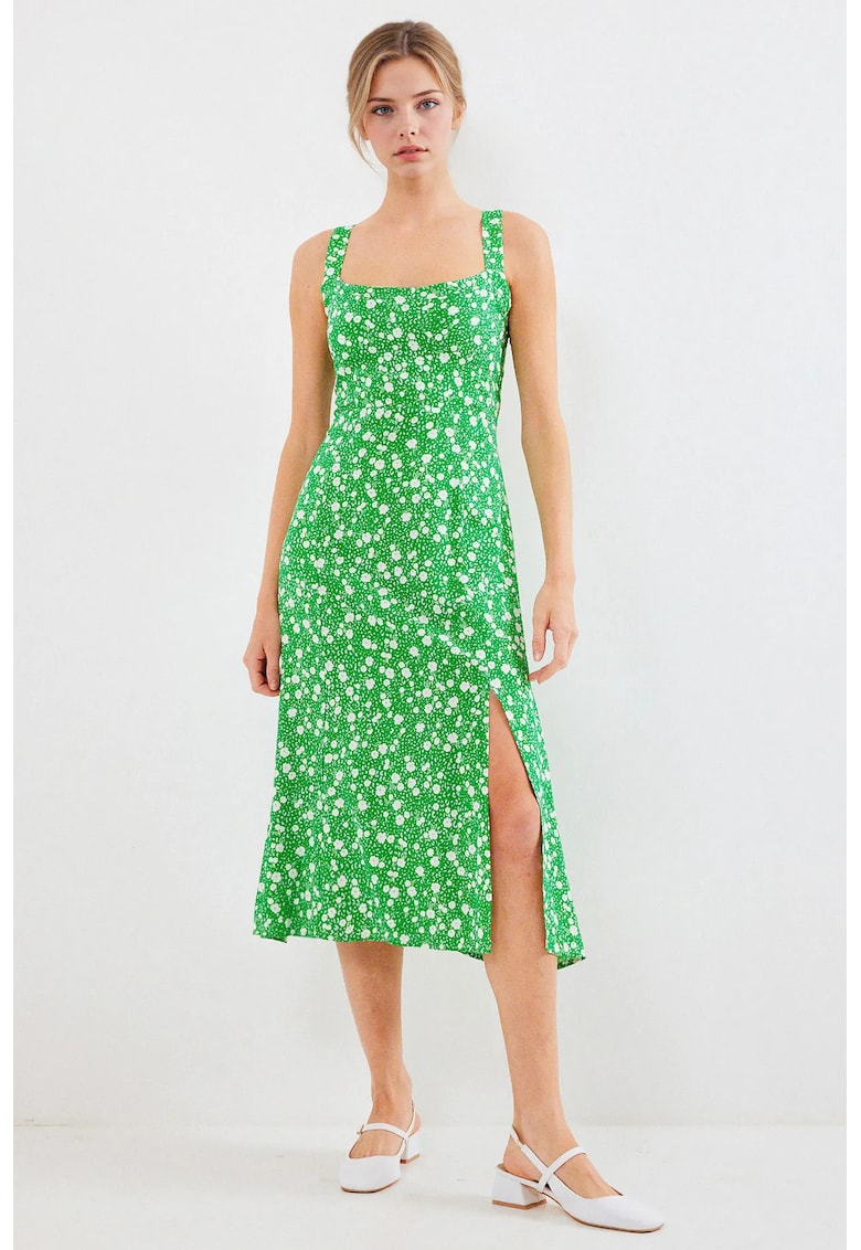Rochie midi HiCCUP - guler patrat - crapatura eleganta - verde - viscoza
