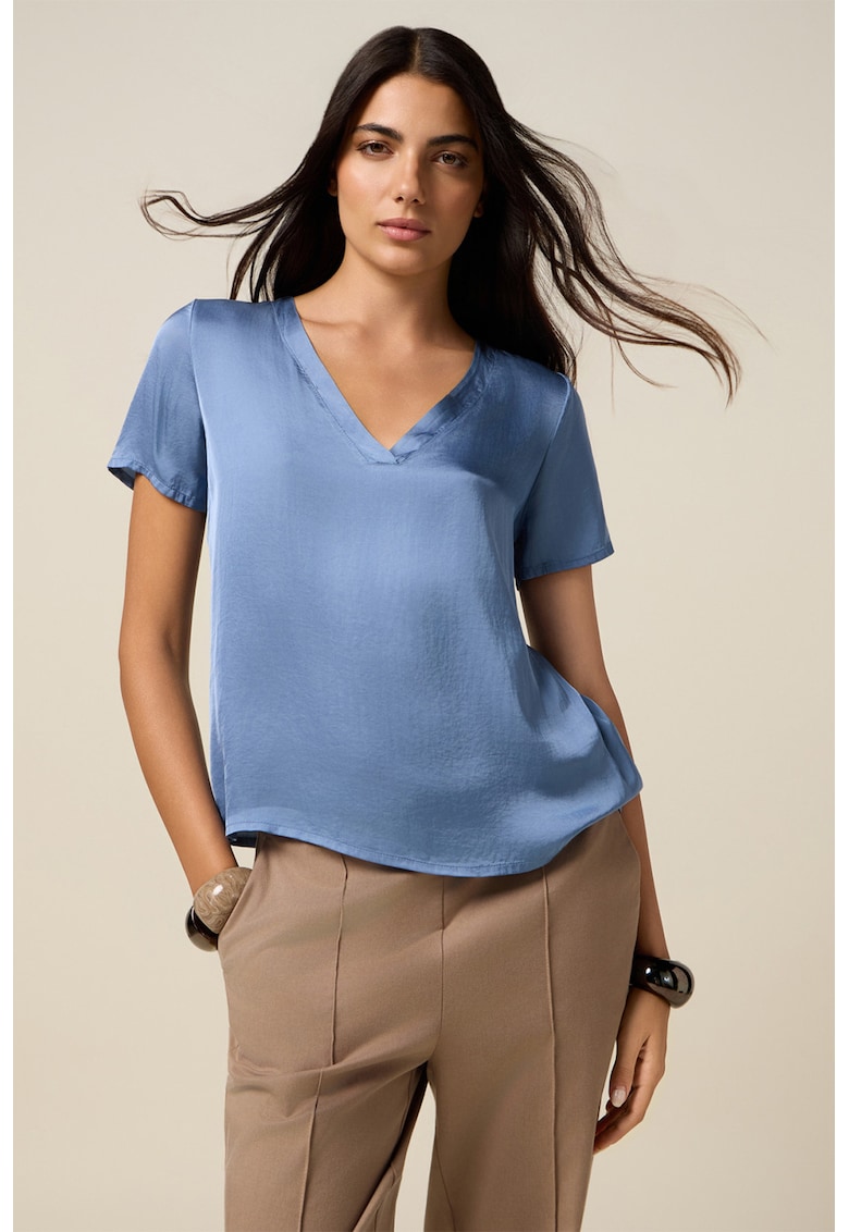 Bluza cu decolteu in V si maneci scurte - Albastru azur