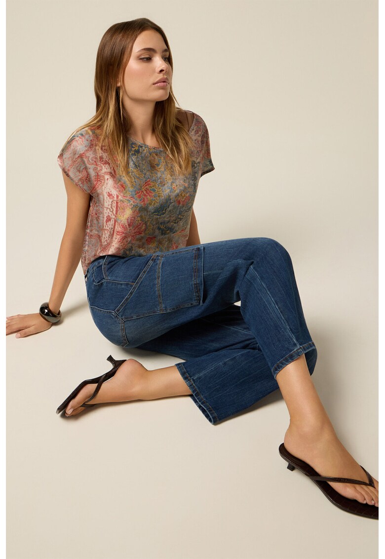 Blugi crop cu detaliu lant - Albastru melange