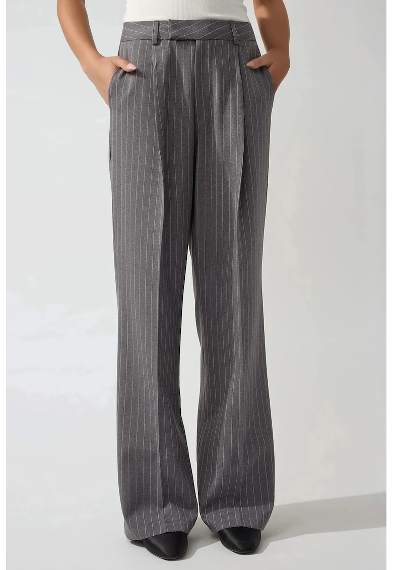 Pantaloni dama - drepti - plisati - gri - textil