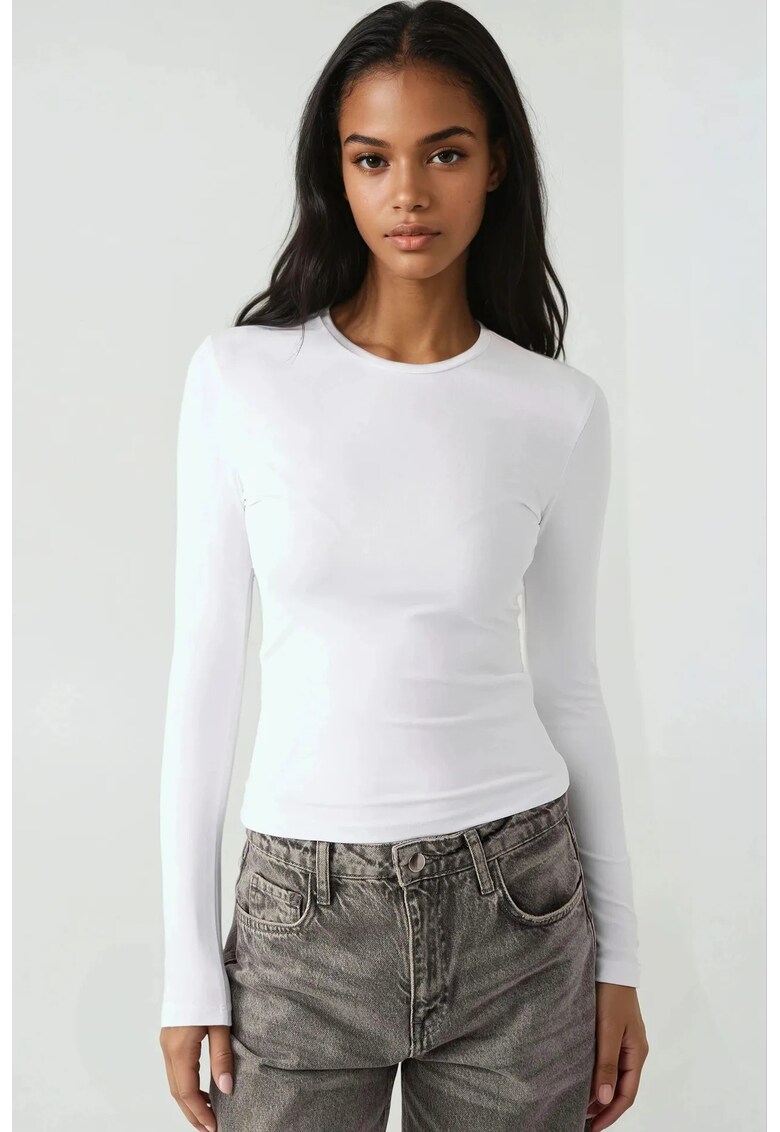 Bluza dama - slim fit - maneca lunga - guler rotund - alb - jerseu