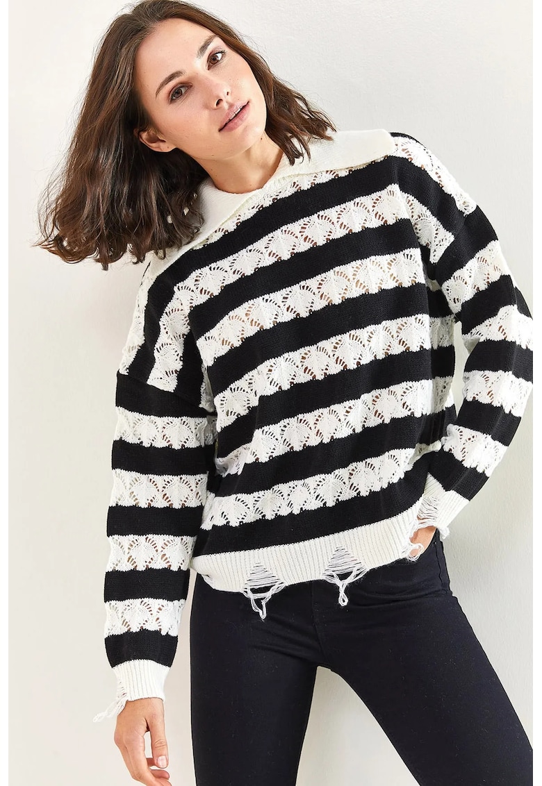 Cardigan dama -  cu guler rotund - croiala lejera - negru - alb - tricot -