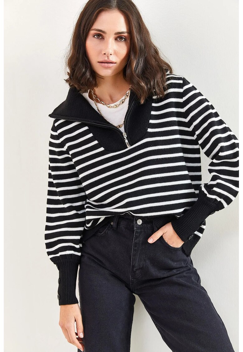 Pulovere dama - model cu dungi - acril - alb/negru -