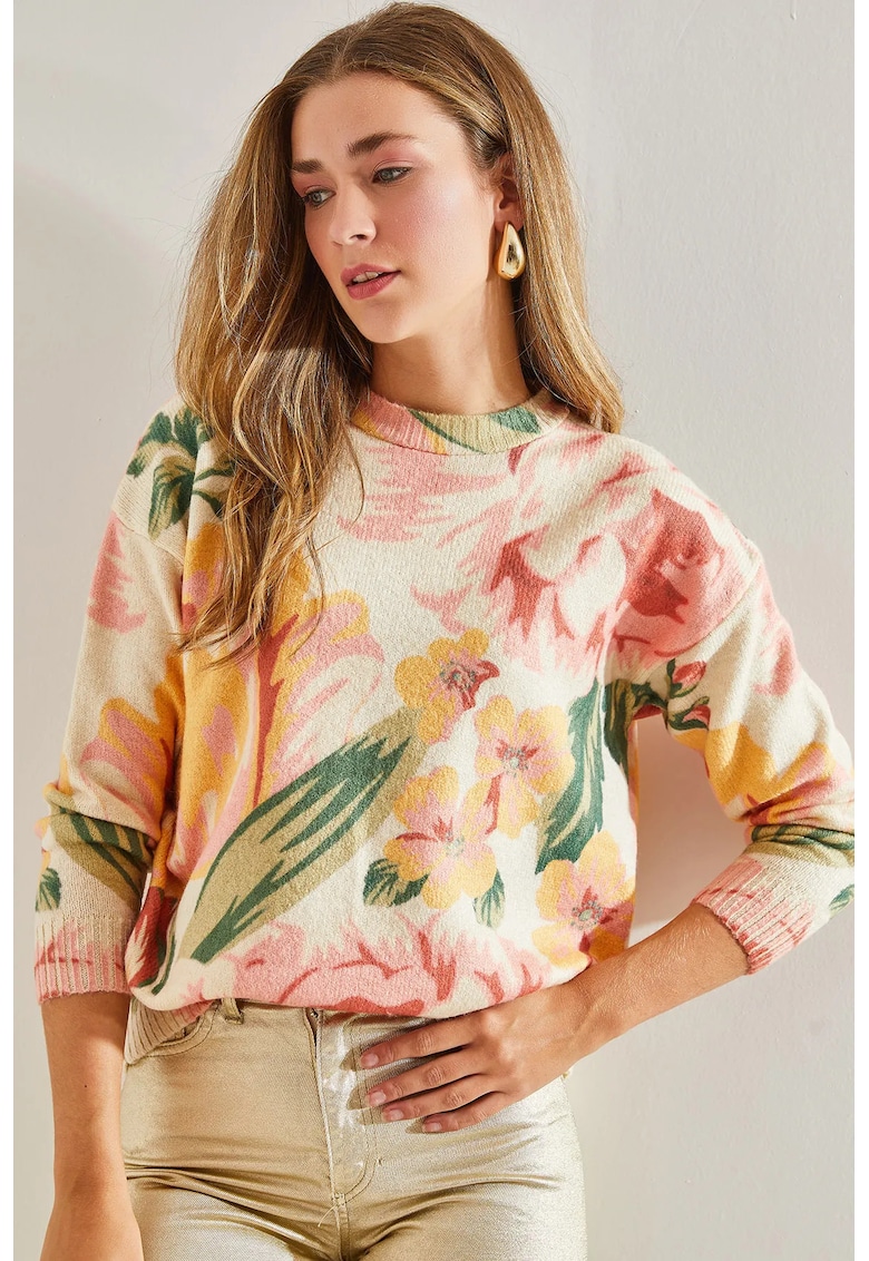 Pulover dama - model floral - guler rotund - acril si poliester - Multicolor -