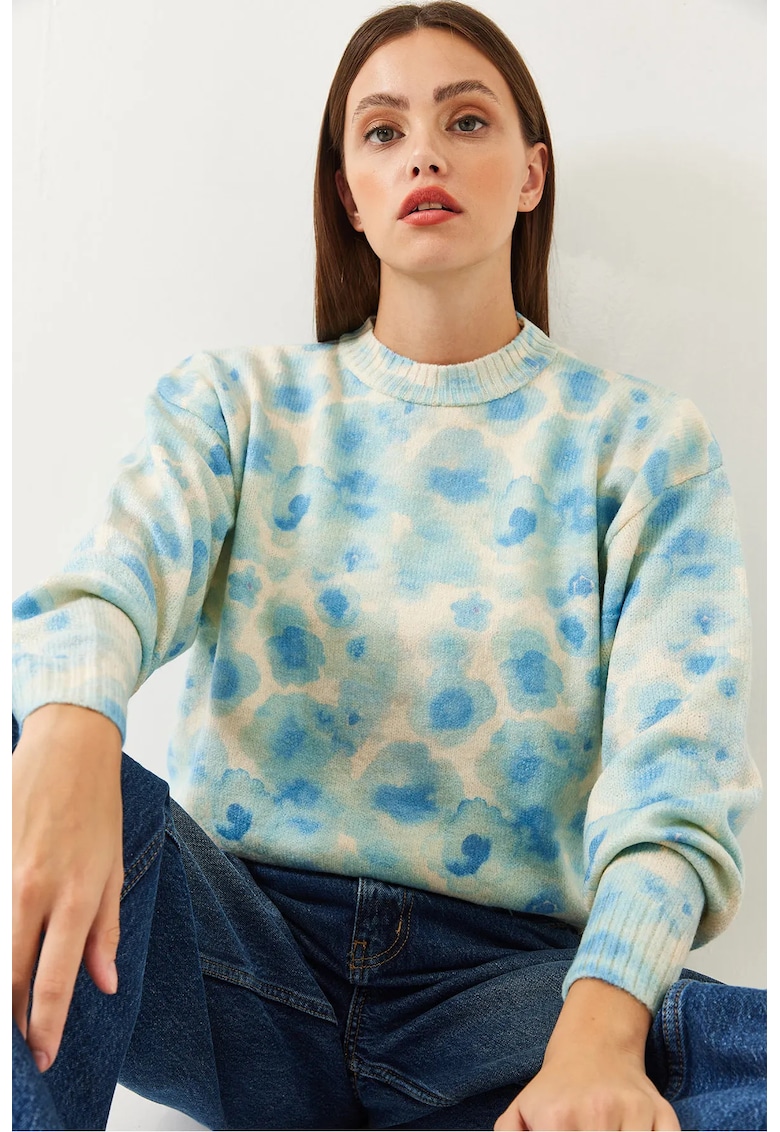 Pulover tricotat - model floral - guler rotund - amestec acril-poliester - Albastru Maya -