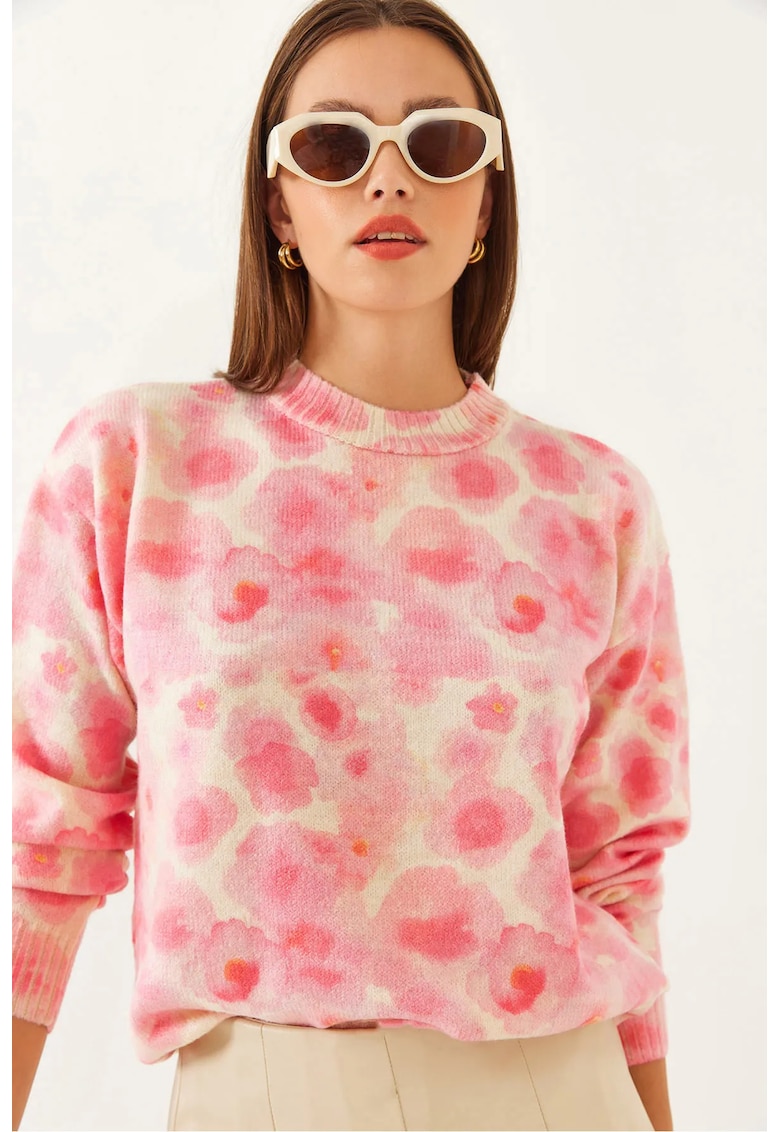 Pulover tricotat - model floral - acril si poliester - Multicolor -