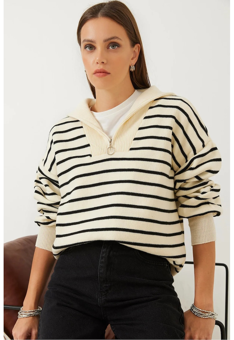 Pulover - HiCCUP - dungi - cu fermoar - crem - negru - tricot -
