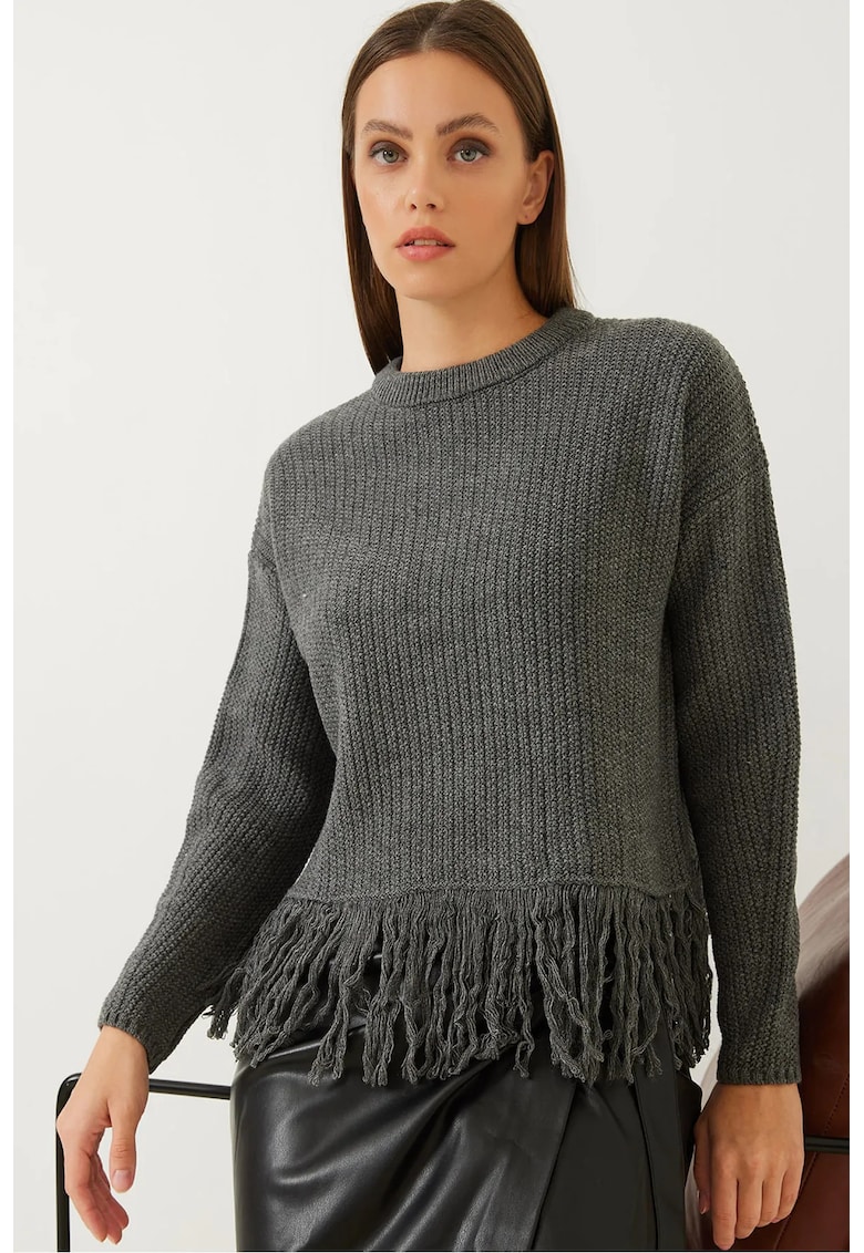 Pulover cu franjuri -  guler rotund - poliester/acril/elastan - gri -