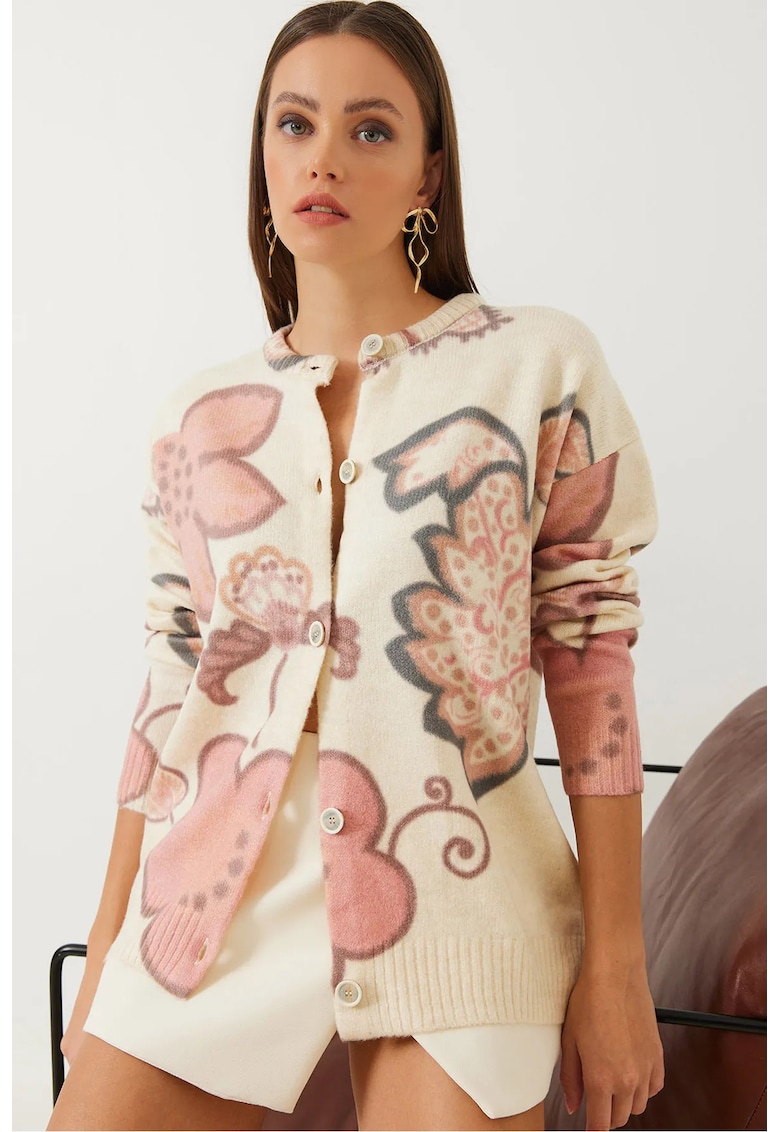 Cardigan tricotat cu imprimeu floral - texturat - natural - pentru femei -