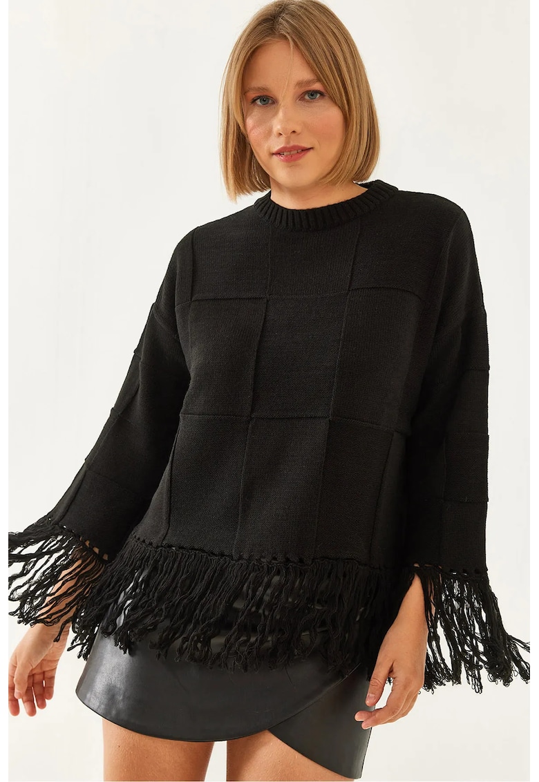 Pulovere dama -  cu guler rotund si franjuri - acril/poliester - negru -