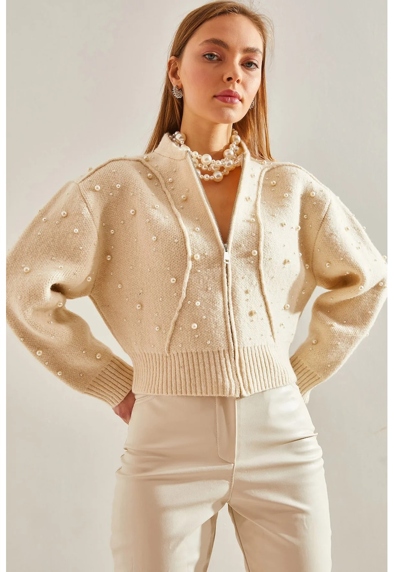 Cardigan  scurt - cu fermoar - model texturat - tricot